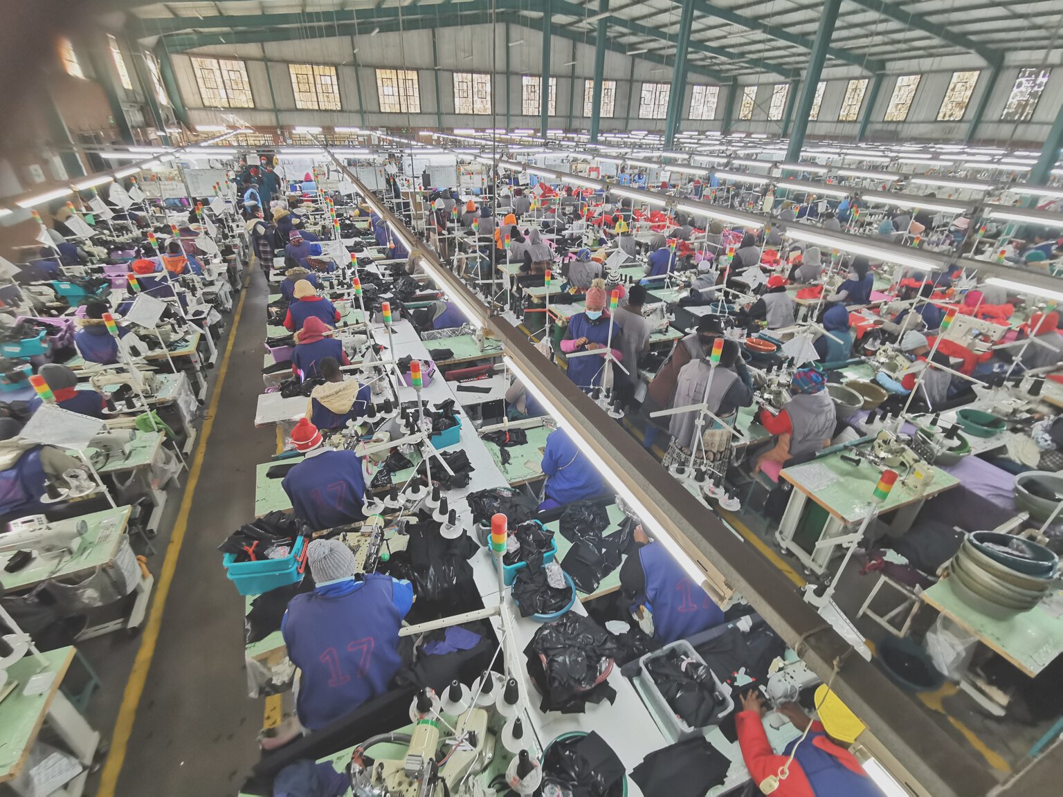 Aerial view of the Hippo Knitting production floor in Maseru with rows of sewing lines